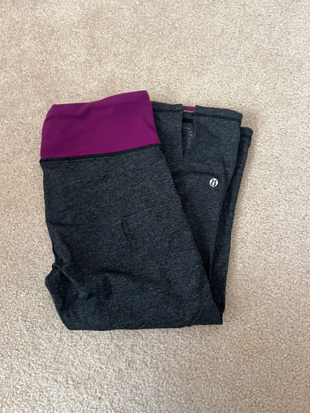 Lululemon Dark Gray Cropped Leggings with Purple Waistband